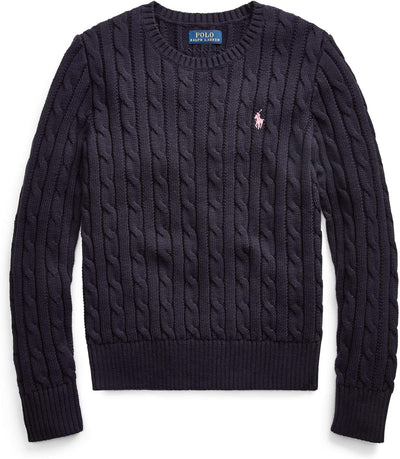 Girl'S Cable Knit Crew-Neck Sweater (Navy/Pinkpony, 5)