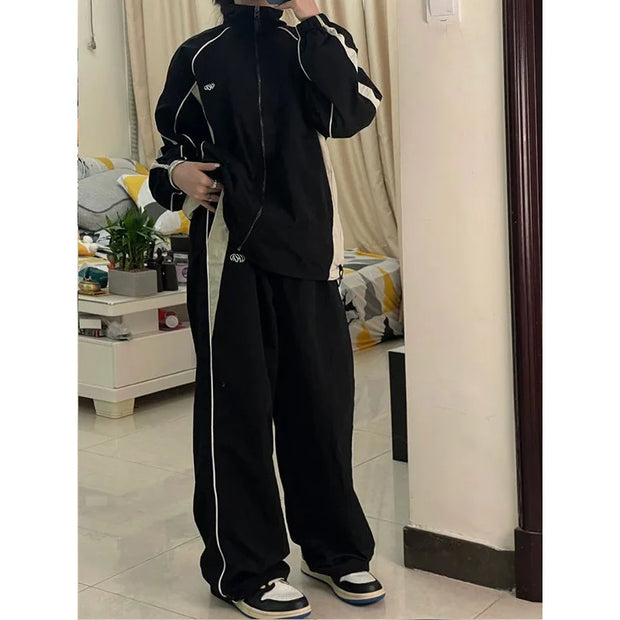 Women Spring Retro Solid Loose Drawstring Trousers Casual Joggers Baggy Wide Leg Sweatpants Mid Waist Sporty Y2K Female Clothes