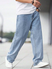 Manfinity Hypemode Loose Fit Men'S Cotton Jeans with Slant Pockets Baggy Long Washed Skater Jean Cargo Plain Light Blue Going Out Y2K Friends