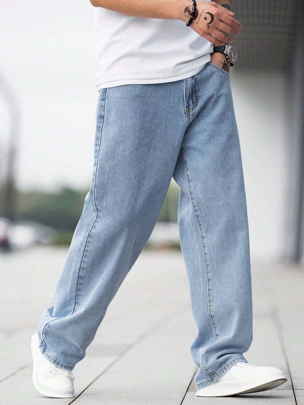 Manfinity Hypemode Loose Fit Men'S Cotton Jeans with Slant Pockets Baggy Long Washed Skater Jean Cargo Plain Light Blue Going Out Y2K Friends