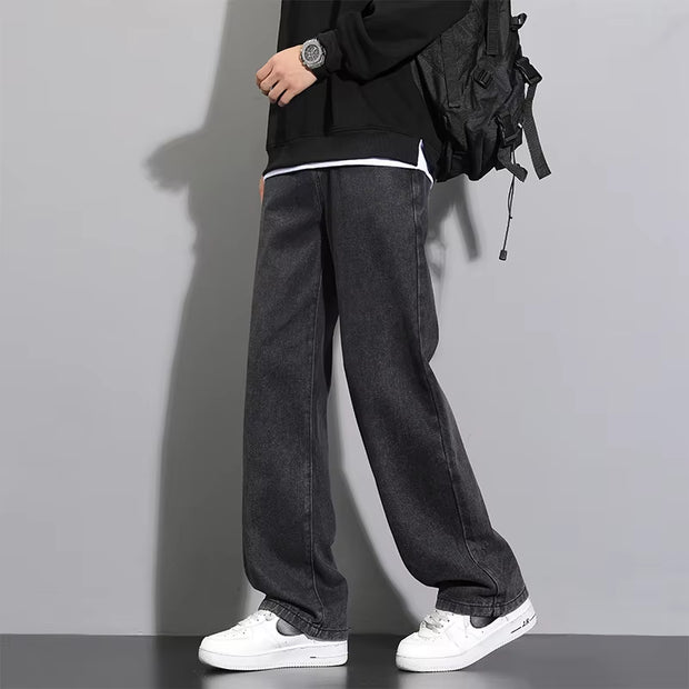 2025 New Korean Men'S Casual Long Jeans Classic Man Straight Denim Wide-Leg Pants Solid Color Light Blue Grey Black