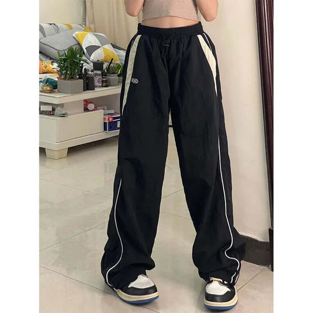 Women Spring Retro Solid Loose Drawstring Trousers Casual Joggers Baggy Wide Leg Sweatpants Mid Waist Sporty Y2K Female Clothes