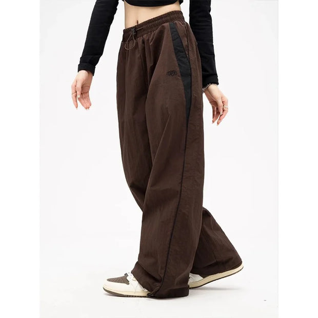 Women Spring Retro Solid Loose Drawstring Trousers Casual Joggers Baggy Wide Leg Sweatpants Mid Waist Sporty Y2K Female Clothes