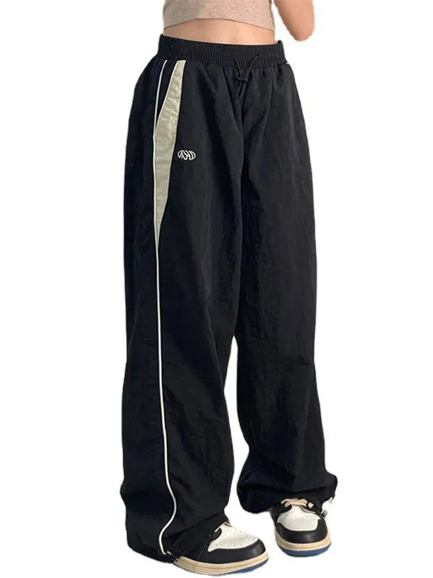 Women Spring Retro Solid Loose Drawstring Trousers Casual Joggers Baggy Wide Leg Sweatpants Mid Waist Sporty Y2K Female Clothes